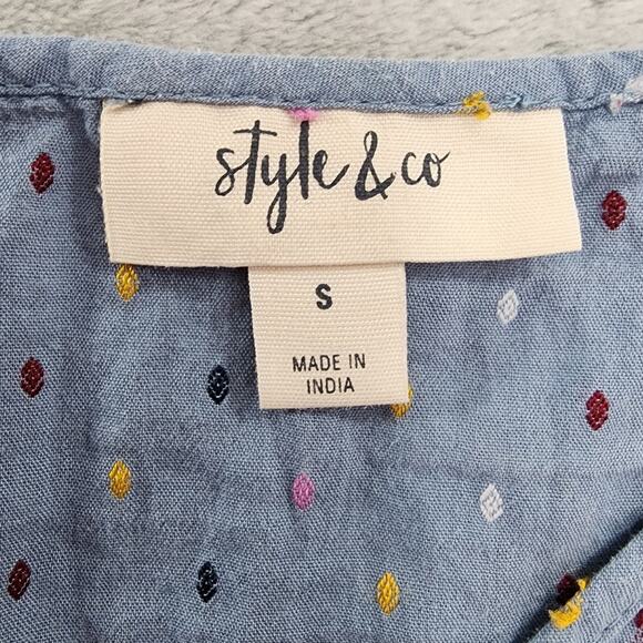 Style&Co Top Womens S Blue Embroider Floral V-Neck Ruffled Sleeve Peasant Boho - Picture 3 of 9